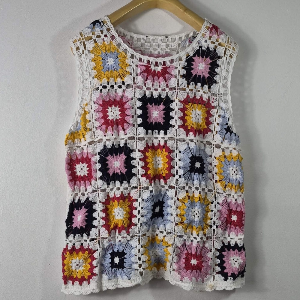 Vintage Colorful Crochet Sleeveless Top Size M - Picture 2 of 6